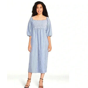FREE ASSEMBLY BLUE WHITE DRESS STRIPED MIDI SMOCKED OFF  SHOULDER SIZE MEDIUM